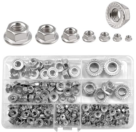 195pcs Hex Flange Nuts Set, Stainless Steel Serrated Lock Nuts Assorted For Bolts/Screws,Nuts For Furniture, Wood, Metal, Automotive, Mechanical Stop Fasteners(M3/4/5/6/8/10/12)