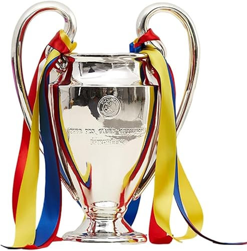 Trofeo dei Campioni di Calcio d'Argento Europa Replica Trofei di Coppa del San Bernardo in Resina con Ventagli di Nastro a 3 Colori Collezione di Decorazioni per la casa Ornamenti per esposi