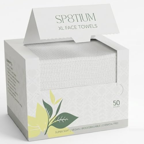 SP8TIUM Disposable Face Towels XL, 50 Count, Ultra Soft Biodegradable Dry Wipes, Chemical Free Makeup Remover Face Wipes, Lint Free Skincare, Vegan