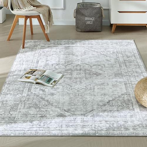 Xfrog Machine Washable Rug Large Vintage Area Rug Short Pile Non-Slip Traditional Rug Carpet for Living Room Office Kitchen Dining Grey 160x230CM