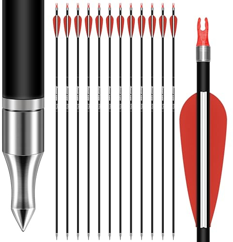 Sunya Frecce da Caccia Arco Compound e Arco ricurvo. Asta in Carbonio da 30 Pollici, Spina 400/500 con Punte Rimovibili. Confezione da 12 Pezzi (Rosso, Spine 500-30Inch)