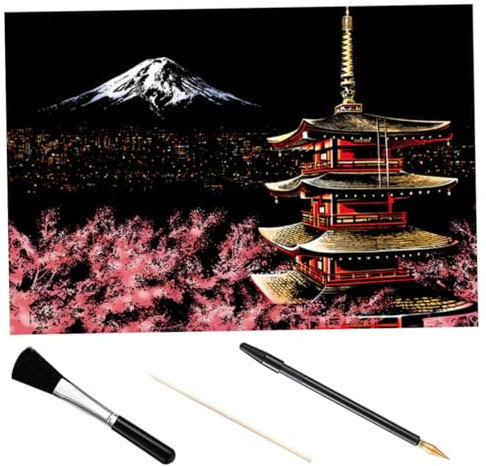 SOIMISS Teiliges Diy Kratzbild Mount Fuji Nachtmotiv Kratzbares Zeichenpapier Mit Vergoldetem Stift Und Schwarzem Pinsel Für Kreative Erwachsenen-kunstwerke