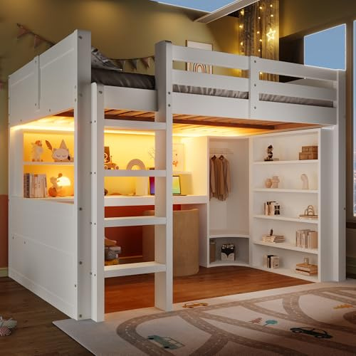 TOBIDOEN Hochbett 140x200 cm mit Ambient Rendering Modus, Integrierter Kleiderschrank & Schreibtisch, 3 Schubladen & Extra Staufächer, Sicherheitsgeländer, für Kinder & Jugendliche, Massivholz, Weiß