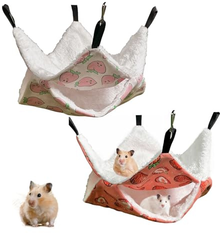 Rat Hammock,2 Pcs Double Layer Rat Hammocks for Cage 30*30/Strawberry+Peach | Plush Guinea Pig Hammock, Soft Warm Guinea Pig Hideout for Ferrets Chinchillas Squirrel Sugar Glider