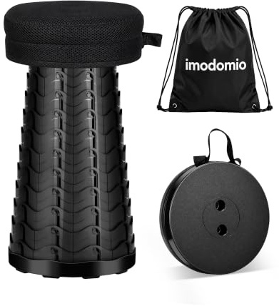 Tragbarer Klapphocker mit Kissen, Faltbarer Hocker für Unterwegs, bis 180kg | 12 Höhenstufen, Robuste PA66-Kunststoffkonstruktion, Rutschfest, Tragegriff & Schultergurt, Für Camping & Outdoor, Schwarz