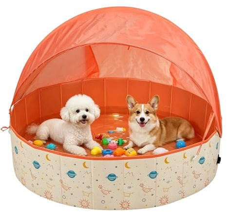 Hundepool Faltbar mit Sonnendach, 120x30cm Hundebadewanne mit Ablaufventil, rutschfeste Verdicktes PVC Planschbecken für Große Hund & Kinder, Tragbarer Hundeplanschbecken (Orange)