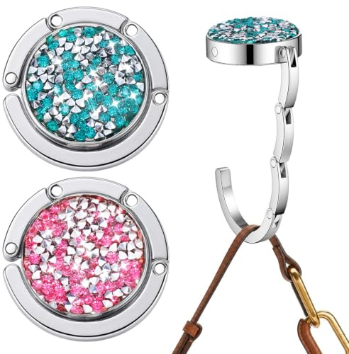 Sibba Purse Hook for Table 2 Pc Foldable Iron Rhinestone Bag Holder Hanger | Non-Slip Handbag Hook for Desk, Portable Purse Hanger for Tables Stand