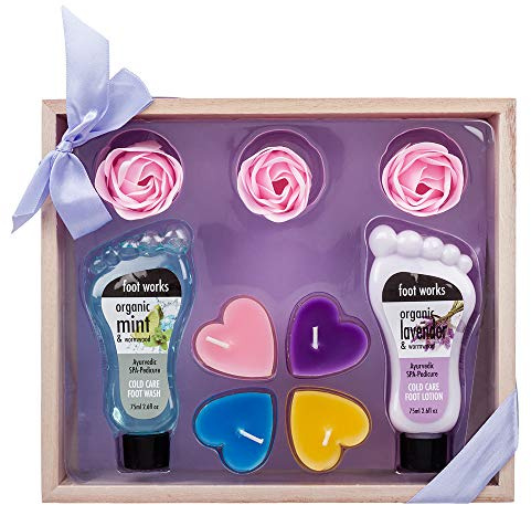 9 Piece Attractive Organic Mint & Wormwood Ladies Foot Wooden Gift Set Box - Includes Foot Lotion, Wash, Soap Flowers and Candles