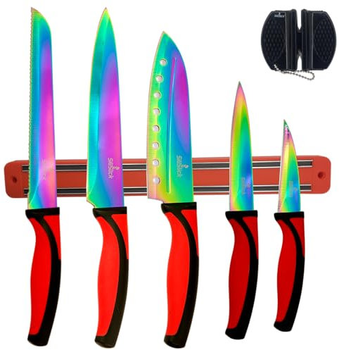SiliSlick Buntes Edelstahl Messerset – Titanbeschichtetes Küchen Starter Set mit Allzweckmesser, Santoku, Brot, Koch- und Schälmessern mit schwarzem Spitzer und magnetischem Montagegestell