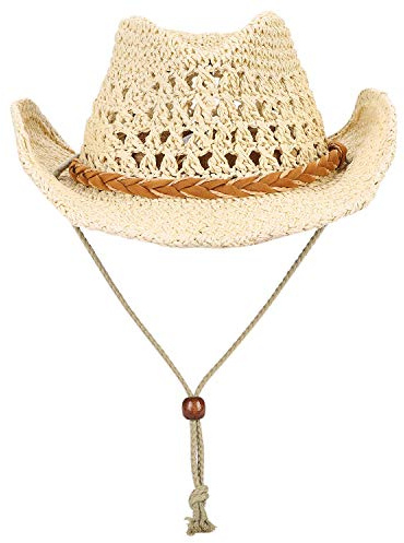 Kids Straw Cowboy Hats Sun Protection Wide Brim Caps Foldable Summer Travel Beach Caps Western Cowgirl Hats Shapeable Anti UV Bush Hat with Chin Strap for Boys, Girls, Camping, Fishing, Hiking