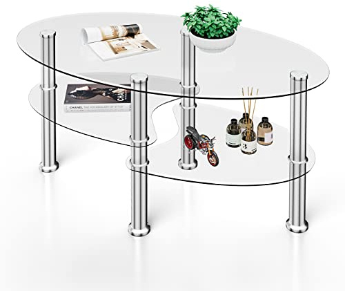GIANTEX Soffbord ovalt glas, vardagsrumsbord med 3 glasplattor och metallben, 89 x 49 x 45 cm, soffbord glasbord ovalt, glasbord soffa, soffbord glas, bord vardagsrum modern transparent