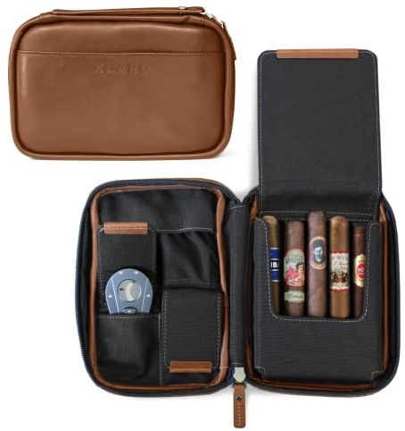 CASE ELEGANCE Klaro Étui à cigares de Voyage en Cuir pour 5 cigares, 2 Poches pour Accessoires, Poche d'humidification, Protection Interne Rigide (Marron)