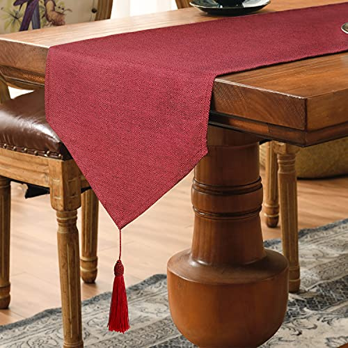 Tischläufer Rot 35 x 240 cm modern Tischband Quasten Waschbar Leinen-Effekt | Tischläufer Uni Pflegeleicht Tischläufer outdoor Küche Party Weihnachten Geburtstag Hochzeit Dekoration