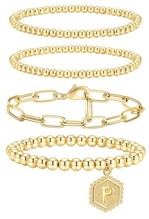 doubgood Pulseras de plata para mujer, juego de pulseras ajustables chapadas en oro real de 14 quilates, apilables, con clip de papel y eslabones cubanos, joyería para adolescentes y niñas, 7 pulgadas