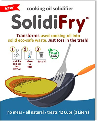 SolidiFry Residual Cooking Oil Solidifying Powder, 100% Plant Based, Solidifies up to 12 Cups (3 Litres) - Add to Hot Oil - As it Cools It Becomes Solid Then
