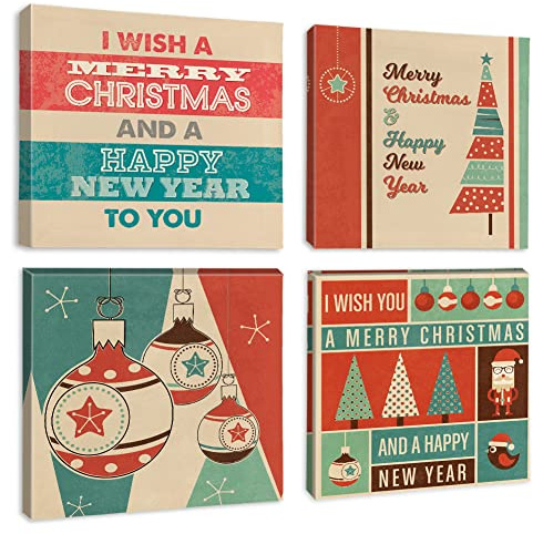Artscope 4 Teilig Weihnachten Leinwandbilder mit Frohe Weihnachten Motiv Kunstdruck - Moderne Wandbild für Badezimmer Wohnzimmer Wanddekoration - 30 x 30 cm