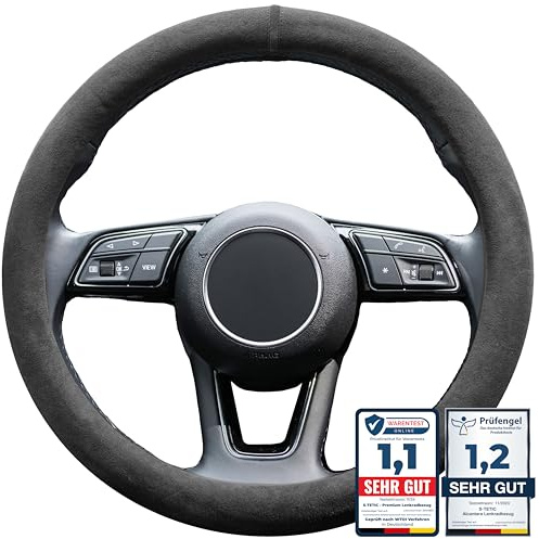 S-TETIC® Premium Lenkradbezug aus Alcantara | Schwarze 12-Uhr Markierung | Universalgröße 36-38 cm | Lenkradcover | für Sommer und Winter