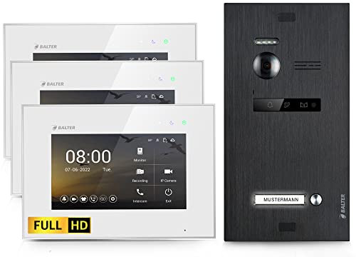 Balter EVO-HD Video Türsprechanlage, Video Türklingel, 1 Familienhaus Klingel, 3X 7 Zoll HD-Monitore, Full HD-Kamera, 2 Draht Bus, Gegensprechanlage mit 175° Weitwinkel-Kamera, Schwarz