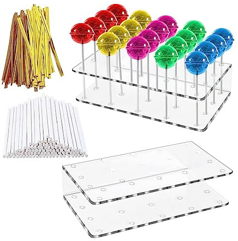 Cake Pop Stand 2PCS Clear Acrylic Display Risers, Display Stand ,20 Hole Lollipop Holder Stand with 100Pcs Sticks & 100Gold Twist Ties, Lollipop Display for Birthdays Parties Weddings Halloween Candy