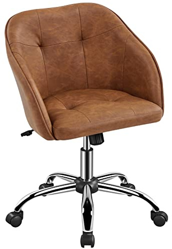 Yaheetech Faux Leather Swivel Office Desk Chair Makeup Vanity Chair Comfy Computer Height Adjustable Armchair with Armrest for Home Office, Reception, Study Retro Brown