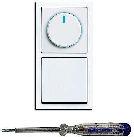 Busch Jäger 6523U-102 LED Drehdimmer Dimmer + Scheibe 6540-84-102 und Kreuzschalter 2000/7 US in Future Linear Studioweiß glänzend inklusive EBROM Phasenprüfer zur Montage der Geräte (6523 U – 102)