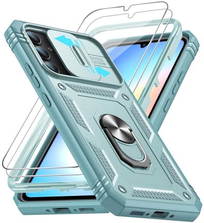 LeYi Hülle für Samsung Galaxy A34 5G Slide Kamera Klappe Handyhülle & 2*Hartglas Handyfolie,Metallständer Kamera Abdeckung Schutzhülle Robust Fallschutz Case Halterung Handy Hüllen Cover Grün