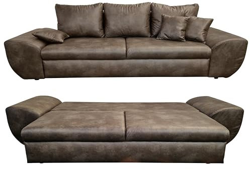 Vintage Big Sofa mit Schlaffunktion und Bettkasten, B275/T98/H90 cm, XXL Trend Couch 275 cm breit, Wellenunterfederung, Liegefläche 148x194 cm, Mikrofaserstoff in Leder-Optik in Braun / 18008