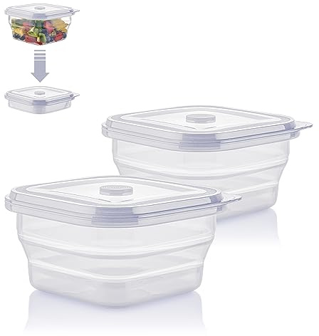 KLIPPSI® Lunchbox faltbar- Brotdosen Frischhaltedosen aus Platin Silikon hitze-kältebeständig, auslaufsicher, spülmaschinengeeignet (transparent, 900ml (Doppelpack))
