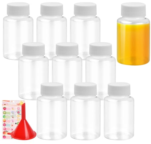 Tibapla10 Stück Mini Leere Flaschen Kunststoff, 100ml Kunststoffflaschen mit Deckel, Wiederverwendbare Saftflaschen, Transparent Plastikflaschen mit Aufklebern und Trichter