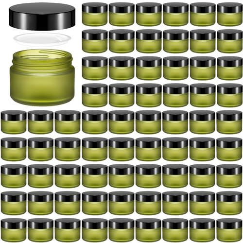 Domensi 60 Pcs 1oz Glass Jars with Lids Bulk Salve Tins Winter Cream Container Small Glass Cosmetic Jars for Travel Lip Balm with Inner Liners for Lotion Sample Cream(Green, Black Lid)