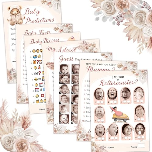 Baby Shower Games (7 Fun Games for 12 Guests), Baby Predictions, Guess The Celebrity, Labour or Rollercoaster, Baby Movie Emoji Game and More, Teddy Bear Gender Neutral Styles (Boho Beige)