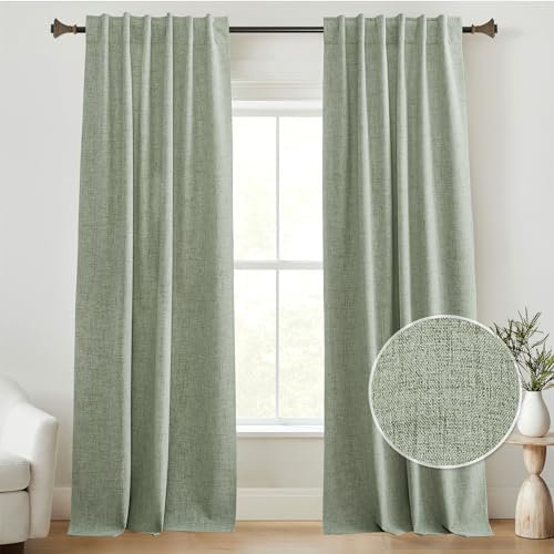 StangH Sage Green Blackout Curtains for Bedroom,Faux Linen Black Out Drapes 90 inch Long Neutral Heat Cold Insulating Sliding Door Panels for Living Room Patio Dining, W52xL90, 2 Panels