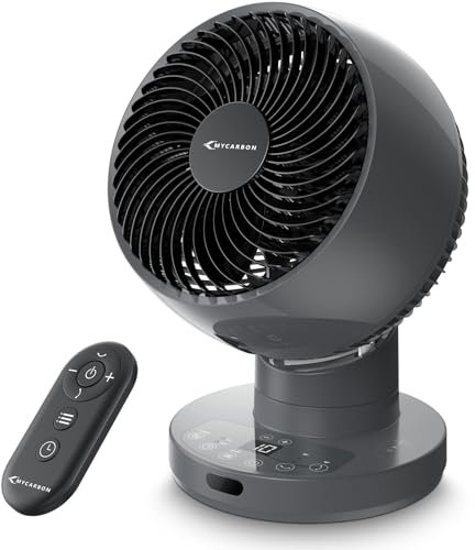 MYCARBON Cooling Fan Oscillating Air Circulator Quiet Desk Fan for Bedroom, Desktop, 20dB Ultra-Quiet, Energy Efficient, Remote Control, Powerful, Turbo Wind, 10 Speeds, ON/OFF Timer (Grey)