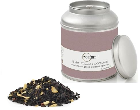 Novecento Tè® | Tè Nero Cocco e Cioccolato in Foglie - 90 Gr | Tè Nero Cocco e Gocce Cioccolato Bianco | Miscela di Tè Nero, Frutta & Cioccolato Sfuso Latta Metallo