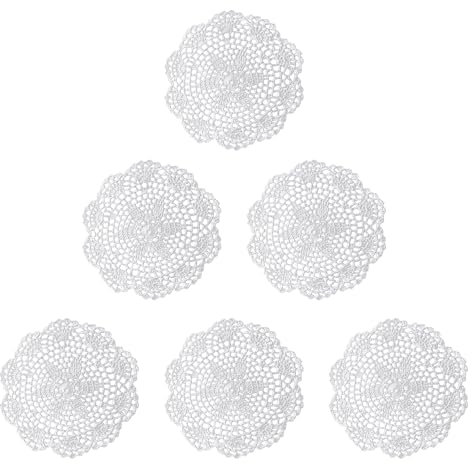 6 Manteles Individuales de Flores Blancas - Hechos a Mano, Ganchillo, Encaje Bordado Vintage, Redondos de Algodón