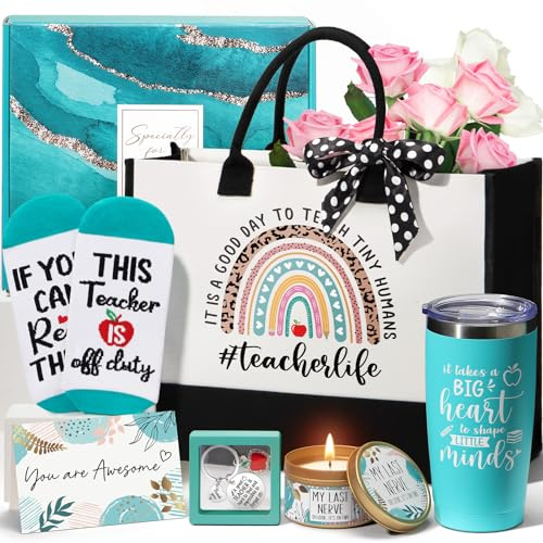 Best Teacher Appreciation Gifts for Women, End of Year Teacher Gifts from Student, Thank You Gift Basket Funny Daycare Teachers Unique Birthday Retirement Gift Set for Teachers w/ Canvas Tote Bag