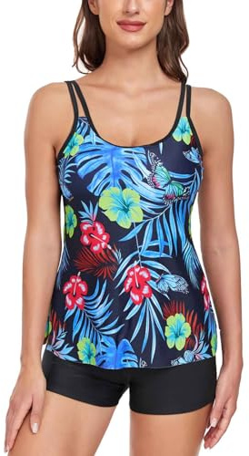 Jecarden Tankini Damen Bauchweg - Tankini Damen Set Sommer Zweiteiler Tankini Damen Push Up Bademode Set Damen Tankini Badeanzug (Schwarz und Grün, 36)
