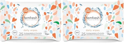Femfresh Intimate Wipes - Flushable & Biodegradable Disposable Feminine Hygiene Vaginal Cloths w. Calendula & Aloe Vera Extracts - Soothing, pH Balanced, Hypoallergenic, 25 Count (Pack of 2)