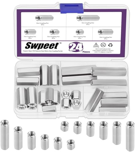 Swpeet 24Pcs 6 Sizes Metric M6 X 1.0-Pitch X 10mm/15mm/20mm/25mm/30mm/40mm Length 304 Stainless Steel Hex Rod Connector Nuts Coupling Nuts Assortment Kit, Female Thread for Camera Pan, Lamp Bracket