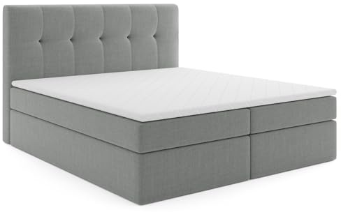 MRGROUP Boxspringbett mit Bettkasten PATRYCJA 140 x 200 cm geflechtes Stoff Polsterbett mit Bonell-Matratze und Topper Doppelbett mit Stauraum Bett für Schlafzimmer Gepolstertes Kopfteil H3 hellgrau