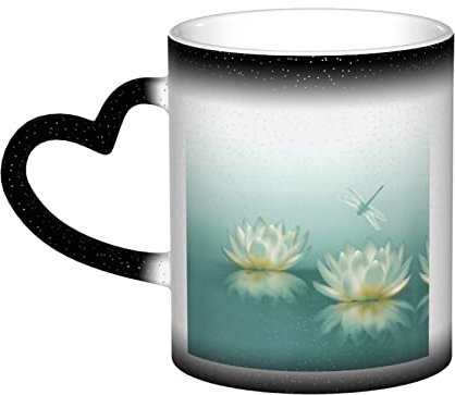 KLMELLMDE Farbwechselnde Libelle mit Seerosen-Tasse im Himmel, bedruckte Farbwechsel-Tassen, einzigartige Kaffeetassen, Geburtstagsgeschenke, Souvenir-Geschenke, Büro-Kaffeetassen, Frühstückstassen