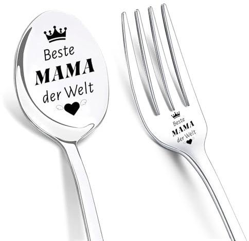 LIHIQIYA Regali per la mamma di Natale, 2 cucchiaini da caffè con incisione, forchette con incisione, migliore mamma del mondo, cucchiaio e forchetta, set regalo di compleanno per mamma