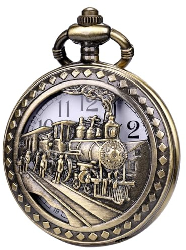 ManChDa Taschenuhr - Pocket Uhren Spezielle 3D Zug Eisenbahn Dampflokomotive Abdeckung Antike Steampunk Taschenuhr und Kette Quarz Vintage Fob Uhr für Herren Geschenk Box | Bronze Weiß