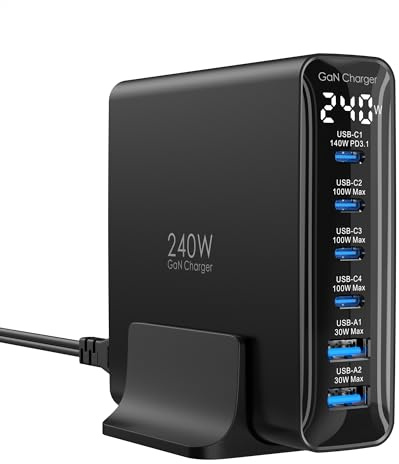 240W Ladegerät USB C, 6 Port PD3.1 GaN Ladegerät mit LED Display, Desktop ladestation Mehrfach für MacBook Pro/Air iPhone 17/16 Pro, iPad, Dell XPS, Galaxy, Pixel, Laptops und mehr, Schwarz