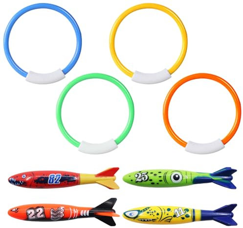 MagiSel - Juguete de natación para piscina, juguetes de buceo, 4 anillos de buceo y 4 juguetes para peces de buceo