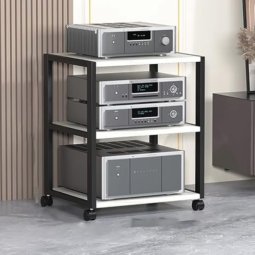 Elitix HiFi Rack 1 2 3 4 5-stufiger, Robuster AV-Medienständer mit Rädern, Rustikal, Professionelle Stereo-Racks und Ständer für CD-Player, DVD-Speichermedien-Tower-System(White,Three-Layers)