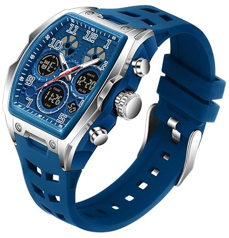 FANMIS Watch for Men Fashion Hollow Unique Rectangle Dial Wristwatch Waterproof Sport Digital Analog Dual Time Display Stopwatch Punk Cool Design Silicon Strap Dress Watch (Z Silver Blue)