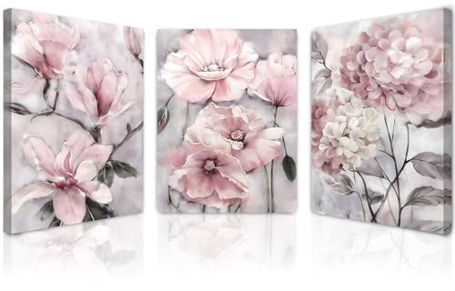 Qiukoo Set of 3 Framed Canvas Wall Art – Waterproof Modern Artwork with Hooks, Floral Prints for Living Room Wall, Bedroom Pictures for Wall Decoration, Contemporary Wall Art – 12x16 Inch