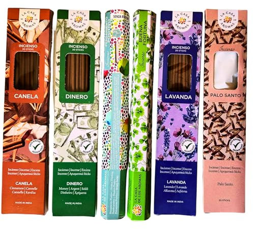120 Varillas Incienso Natural sin Tóxicos para Atraer el Dinero y la Abundancia – 6 Aromas India: Dinero, Palo Santo, Canela, Pensamiento Positivo, Lavanda, Buena Fortuna – Larga Duración