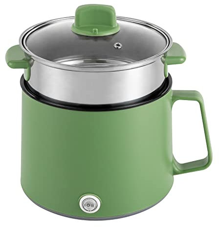 1.7L Versatile Electric Hot Pot with Steamer - Mini Electric Cooker,with Non-Stick Coating for Cooking Noodles Soup Porridge and Oatmeals (17 * 17 * 25cm) (Green)